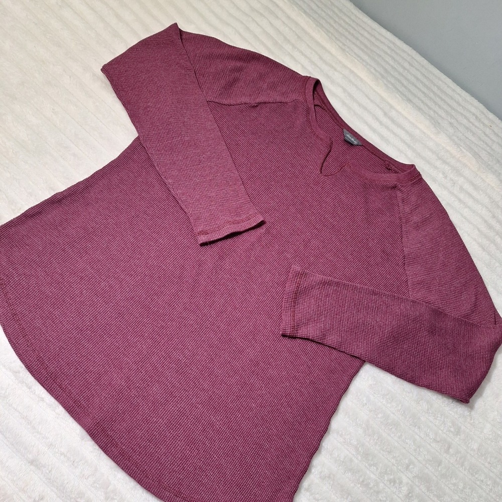 Eddie Bauer Thermal Waffle Knit Henley Shirt Womens XL Wine Split Neck Outdoor